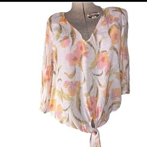 Olivia & Martin White Peasant Blouse Floral Long Sleeve Tie Front Boho Top